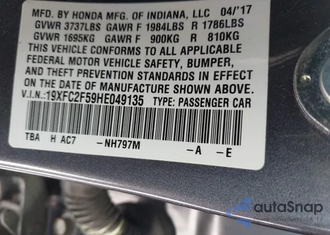 2017 Honda Civic Lx из США, поврежденный, VIN 19XFC2F59HE049135